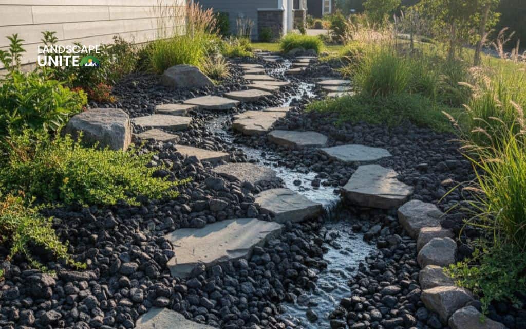 Dry river bed with lava rock and flagstones