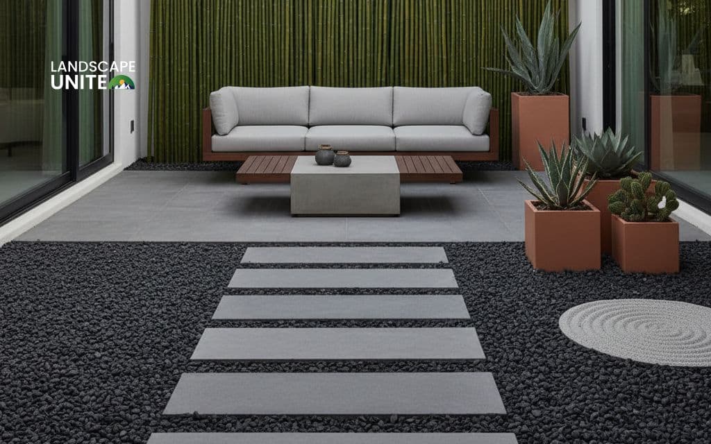 Modern zen gravel patio with lava rock base