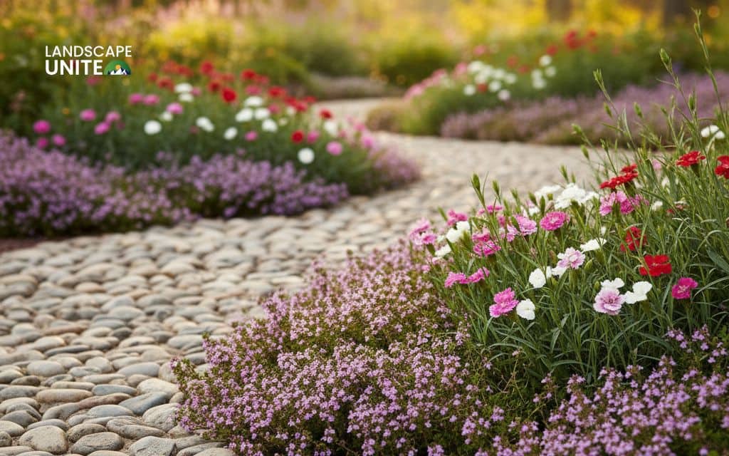 Pebble path flower border