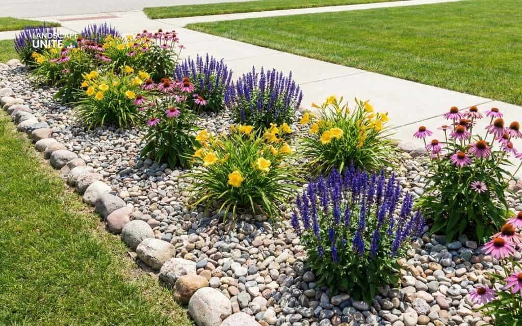 15 gorgeous flower beds with rocks that practically transform your landscape 4 River rock + perennial mix