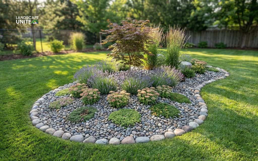 15 gorgeous flower beds with rocks that practically transform your landscape 12 Rock island bed in lawn