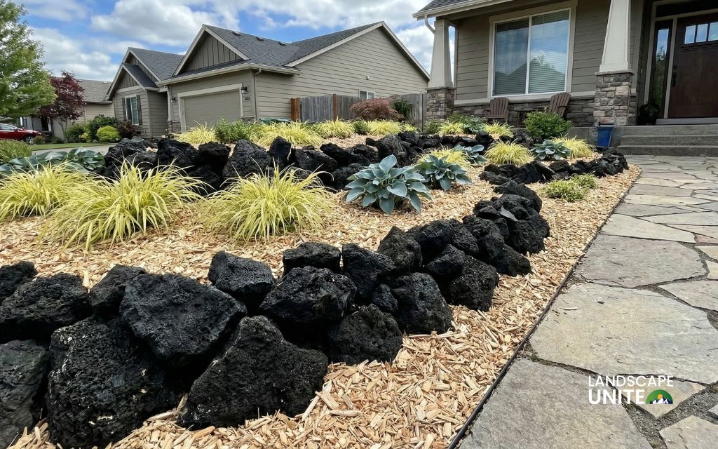 Bold black lava rock creates dramatic contrast against lighter mulch or plants