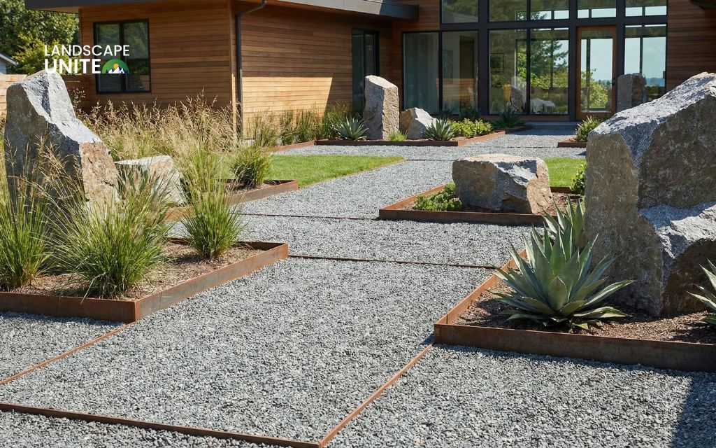 Clean lines meet contemporary style with geometric gravel pathways and bold boulder placement