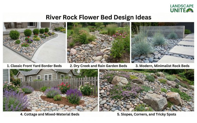 River rock flower beds: easy, new, stylish yard design idea