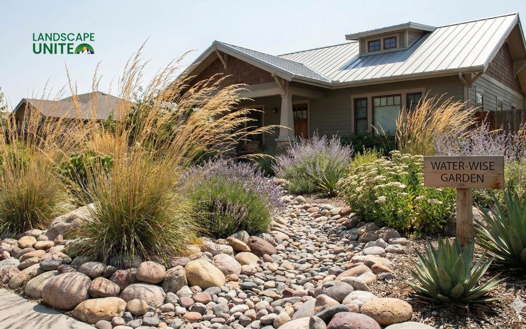 Embrace water conservation with a full xeriscape garden featuring native grasses swaying above river rock bases