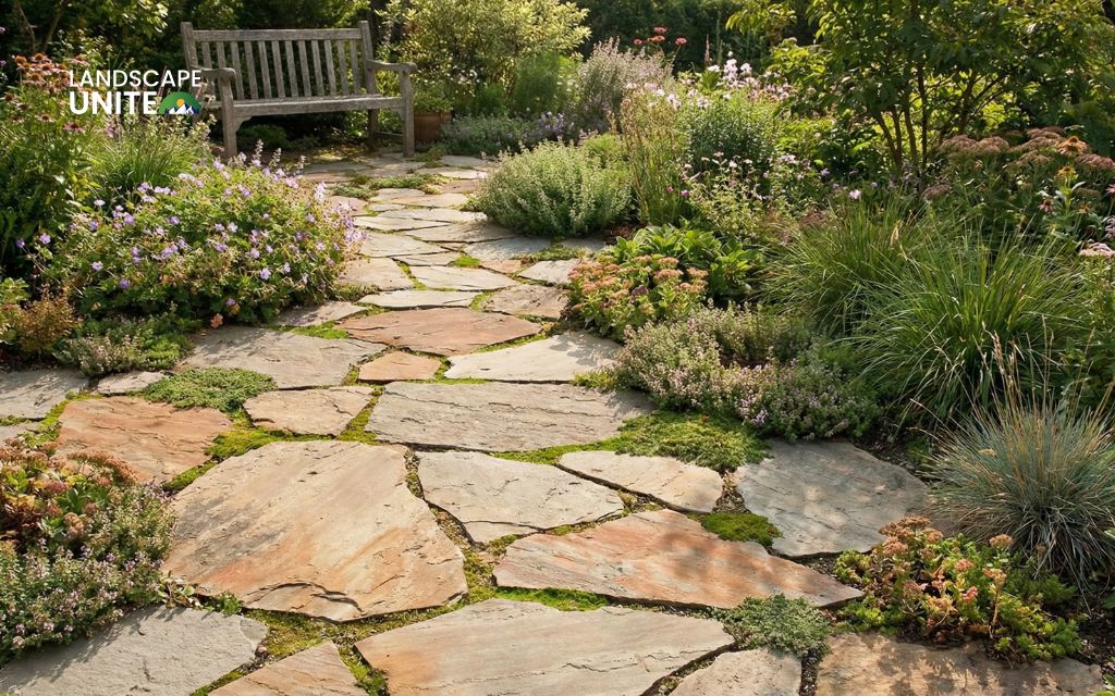 Flagstone paths uniquely interlock without mortar