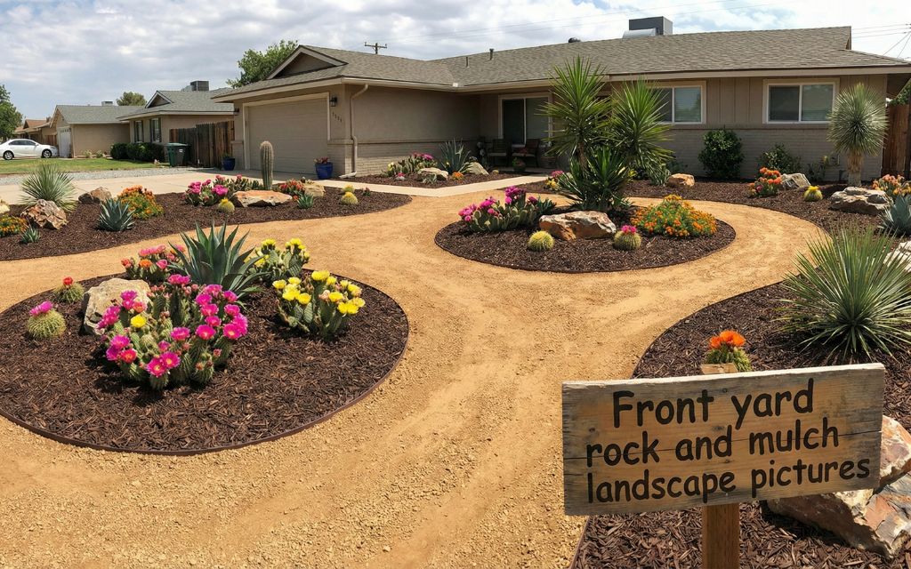Front yard rock and mulch landscape pictures: Picture warm tan gravel surrounding clusters of vibrant cacti nestled in dark mulch beds
