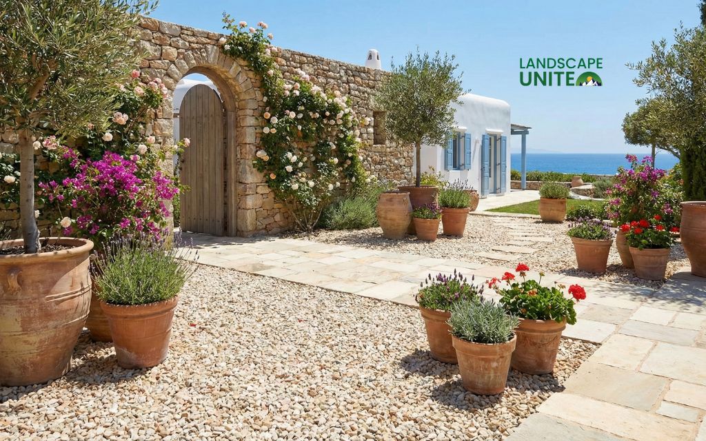 Light-colored stones paired with terracotta pots create Mediterranean magic