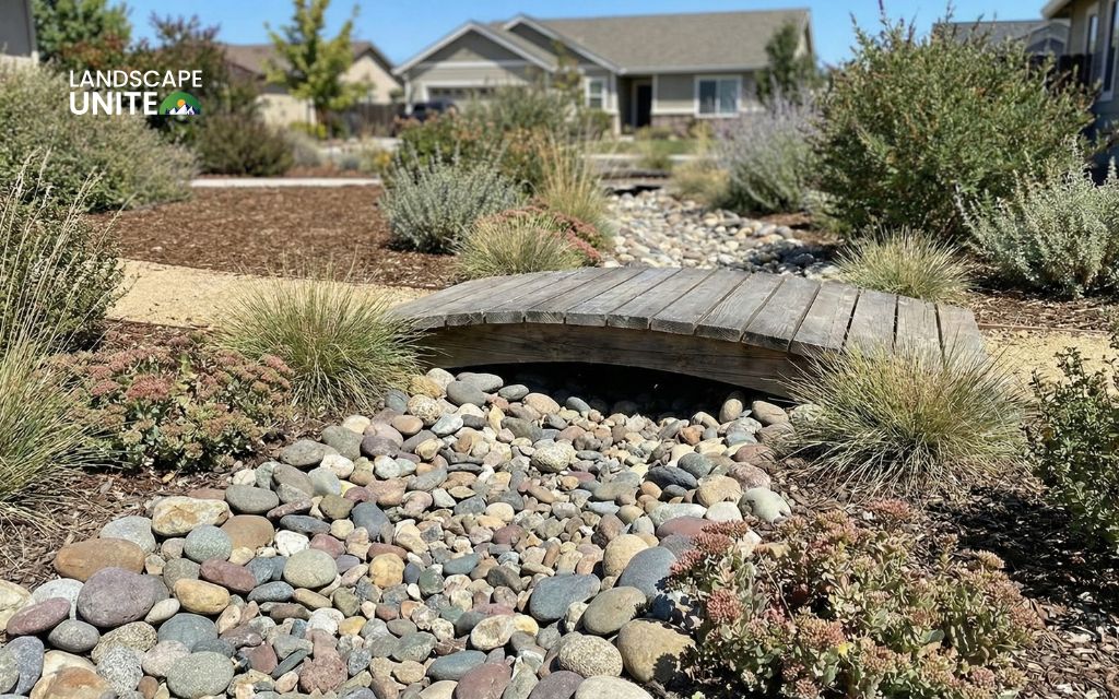 River rock dry stream with bridge