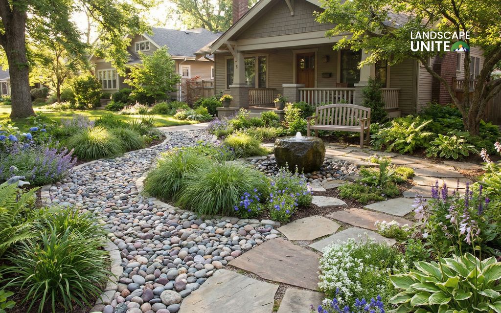 River rock pathways wind through your front yard, offering a unique meditative flow that calms the senses