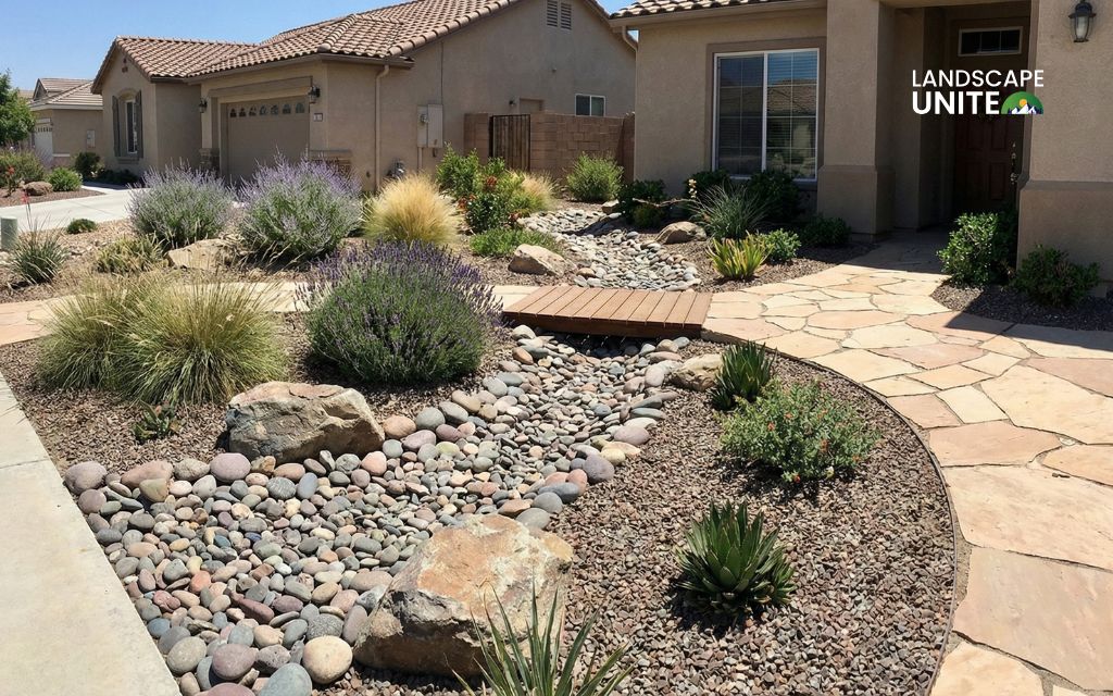 This drought tolerant front yard stone landscaping idea solves drainage issues while adding movement and interest